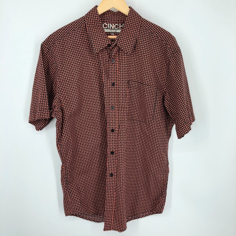 Cinch Mens Modern Fit Button Up Pocket Shirt Size XL Orange Geometric‎ Cotton